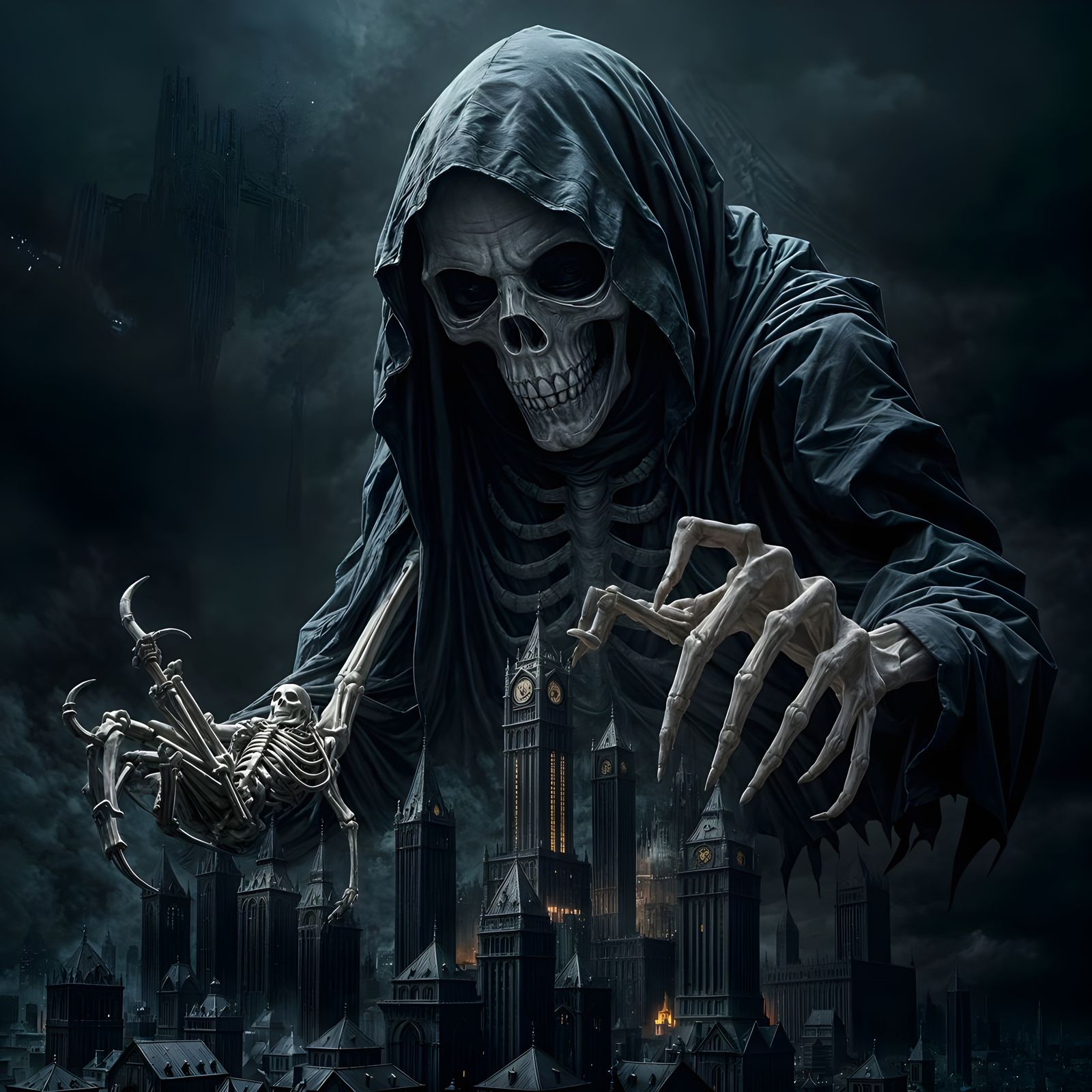 Giant Skeleton Towers Over Darkened Miniature City in Hyper...