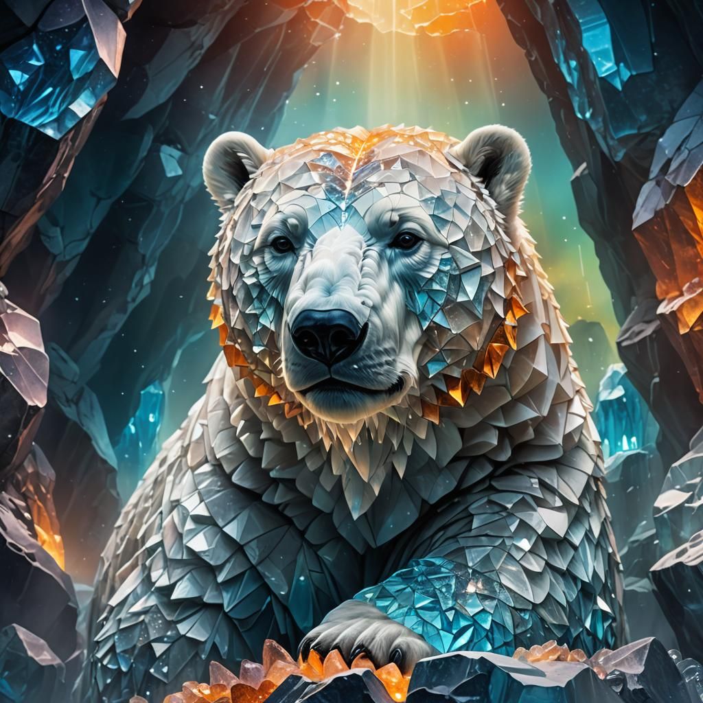 Gemstone Polar Bear in Aurora-Lit Cave