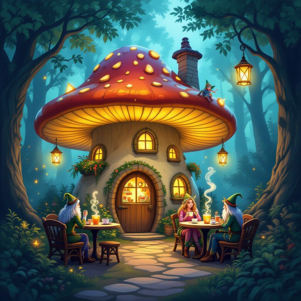 Enchanted Woodland Cafe with Mystical Creatures
