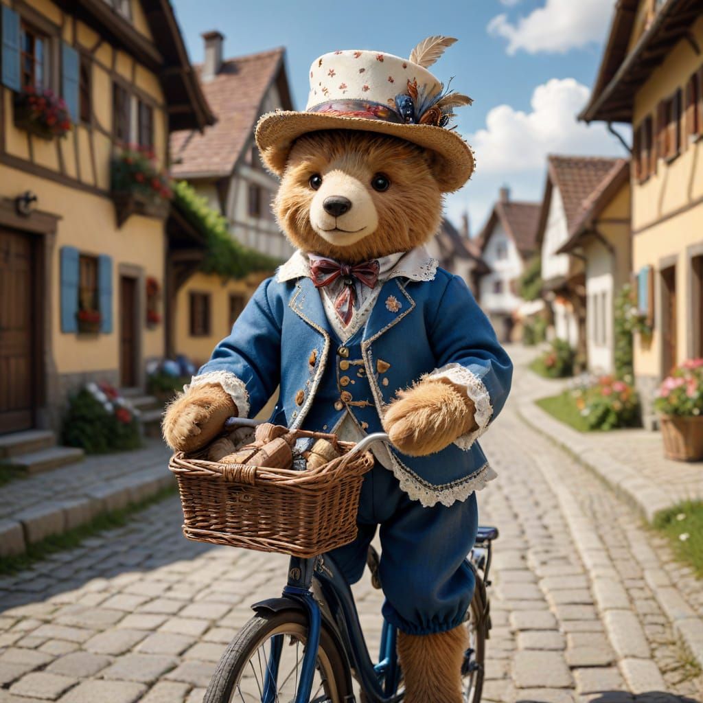 Enchanting Teddy Bear Rides Vintage Bicycle in Whimsical Aus...