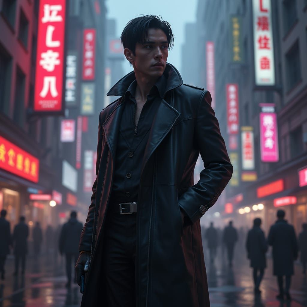 Takeshi Kovacs in Gritty Cyberpunk Cityscape