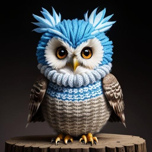 Cute Fluffy Baby Owl with Blue Mohawk