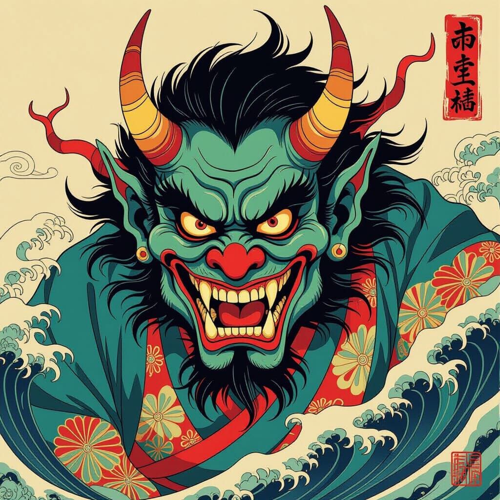 Grotesque Demon Grin in Nihonga Style