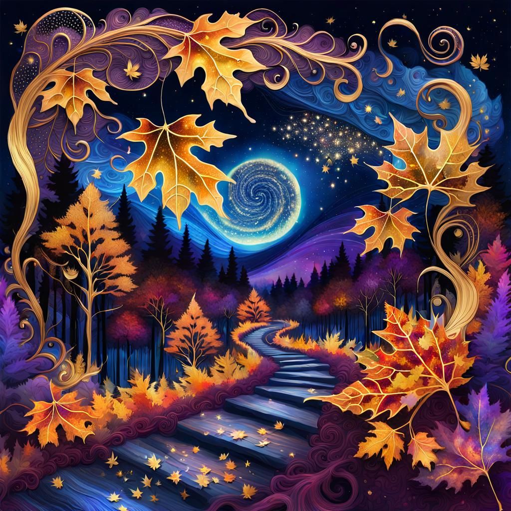 Autumnal Starry Night Collage in Hyperrealist Style