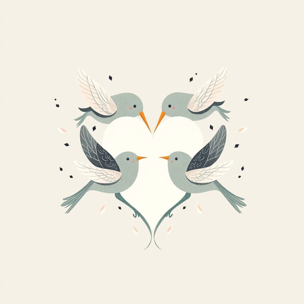Birds Form Heart in Mid-Century Modern Style