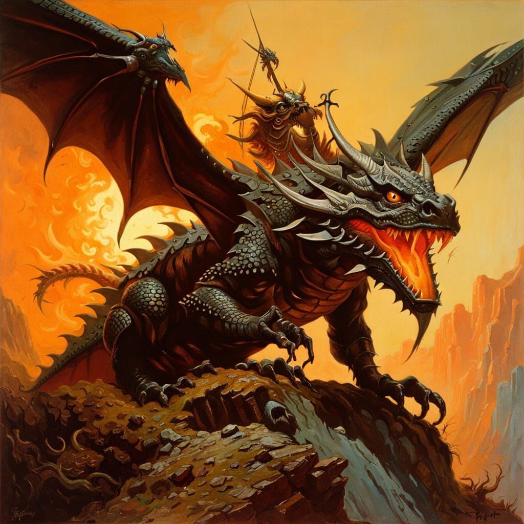 Dragon Landing on Windmill in Fantasy Art Style