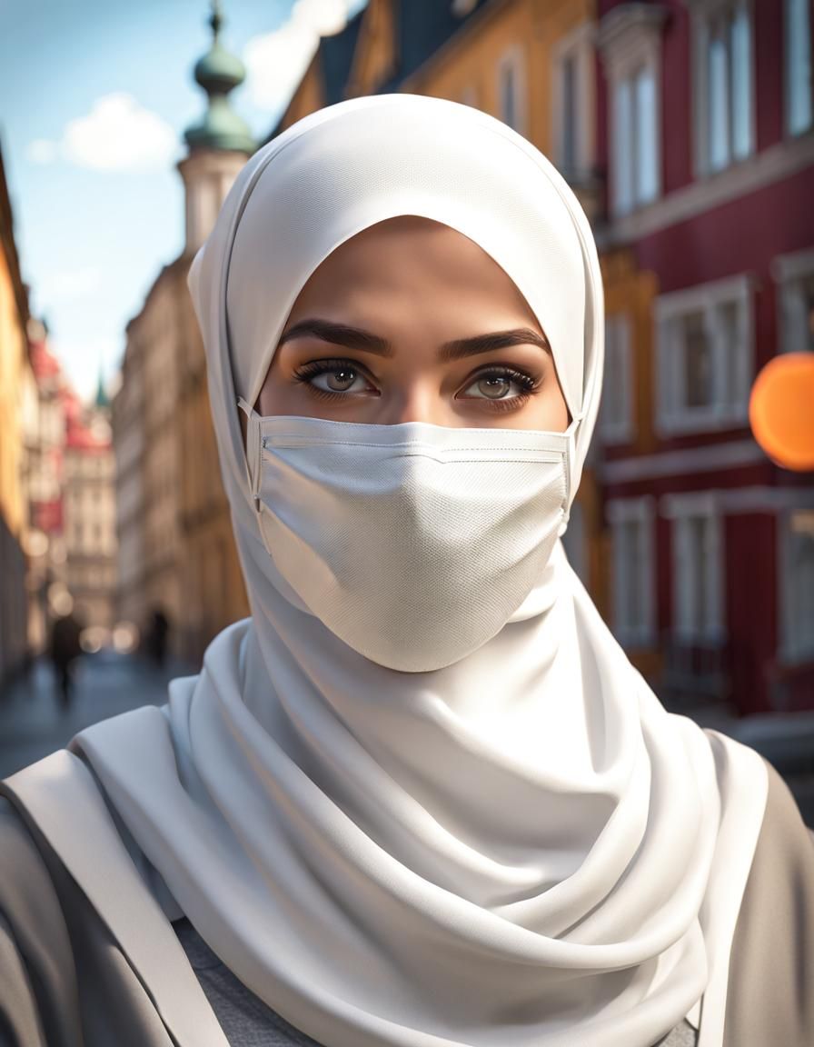 Girl with Hijab and Facemask in Cityscape