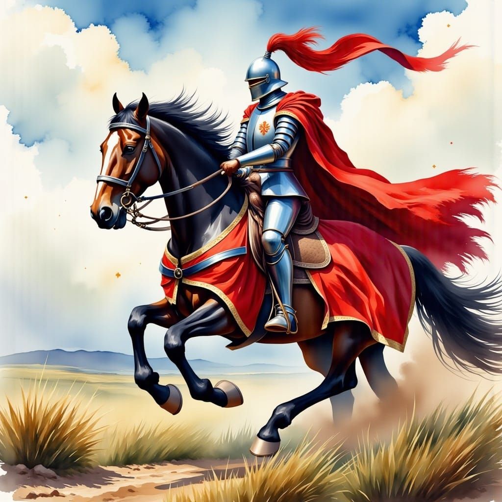 Knight on Warhorse in Watercolor Style