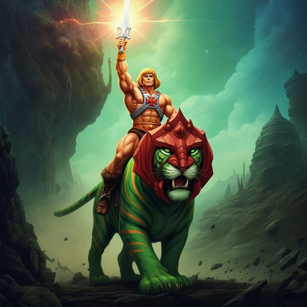 He-Man Rides Battle Cat in Epic Fantasy Landscape