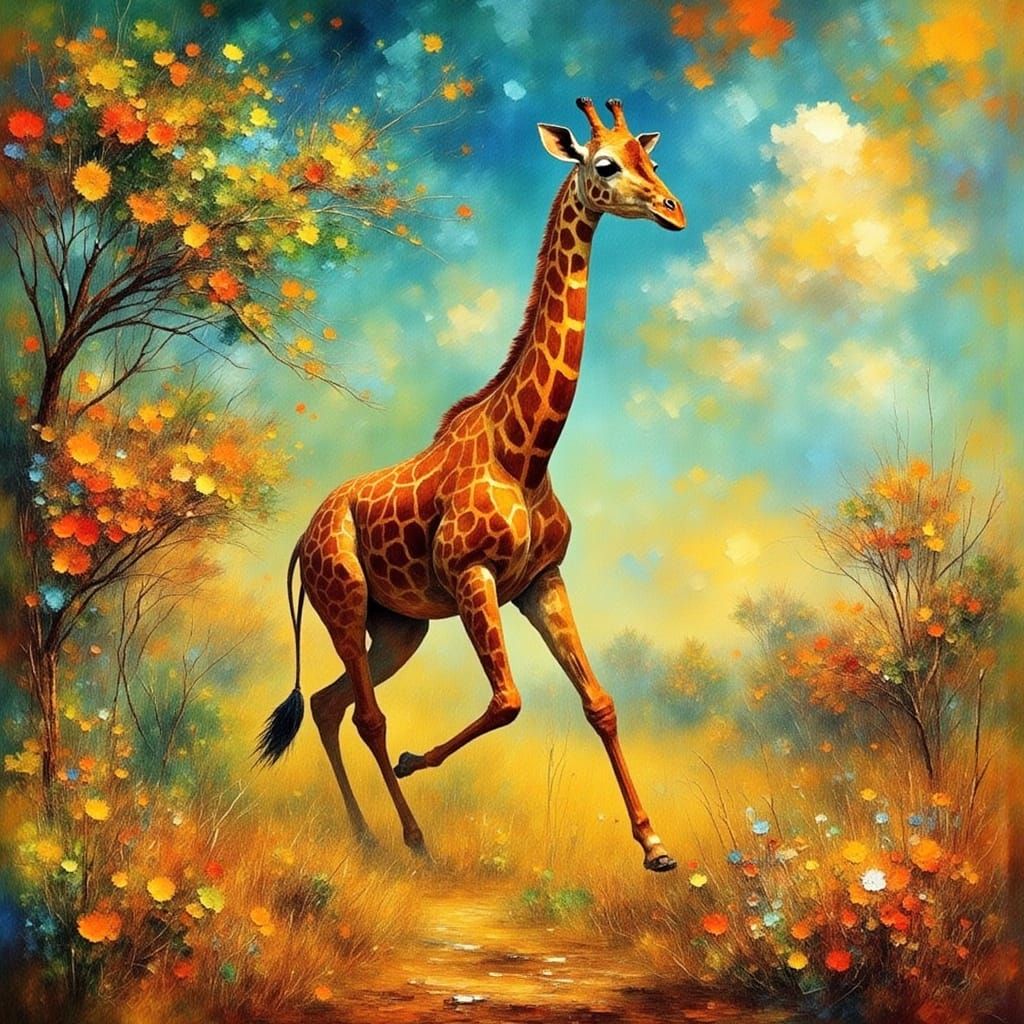 Giraffe Strides Across Prairie in Digital Painting Style