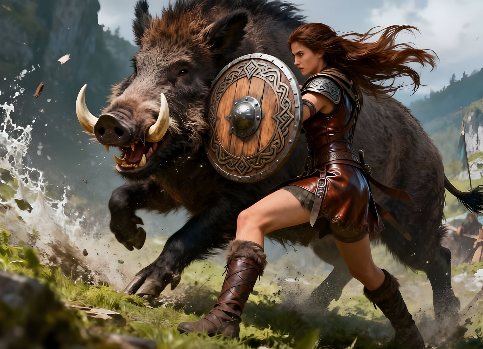 Norse Goddess Hlín Defends Against Giant Boar