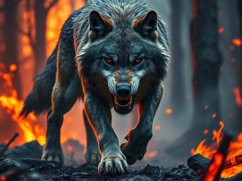 Epic Arctic Timberwolf Emerges from Hellish Flames with Worn...