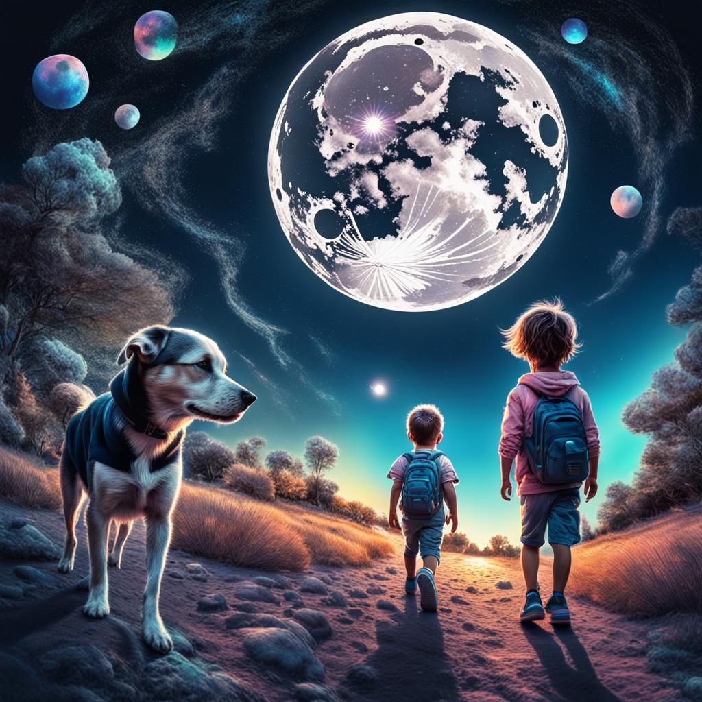 #open prompt gang # sliver of bright moon # little boy and little girl headed toward moon # little dog following 8k reso...