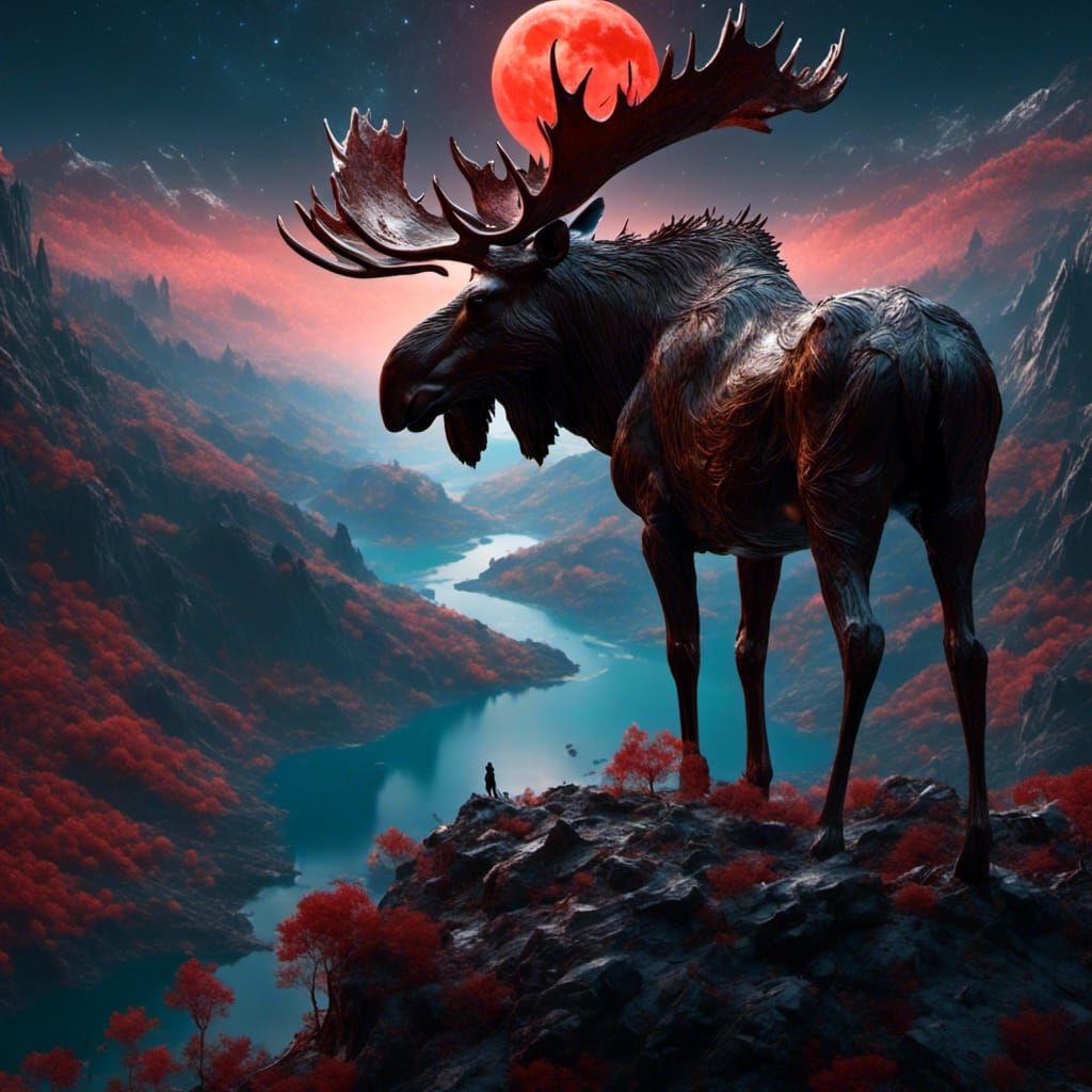 Majestic Moose Overlooking Lake Under Red Moon