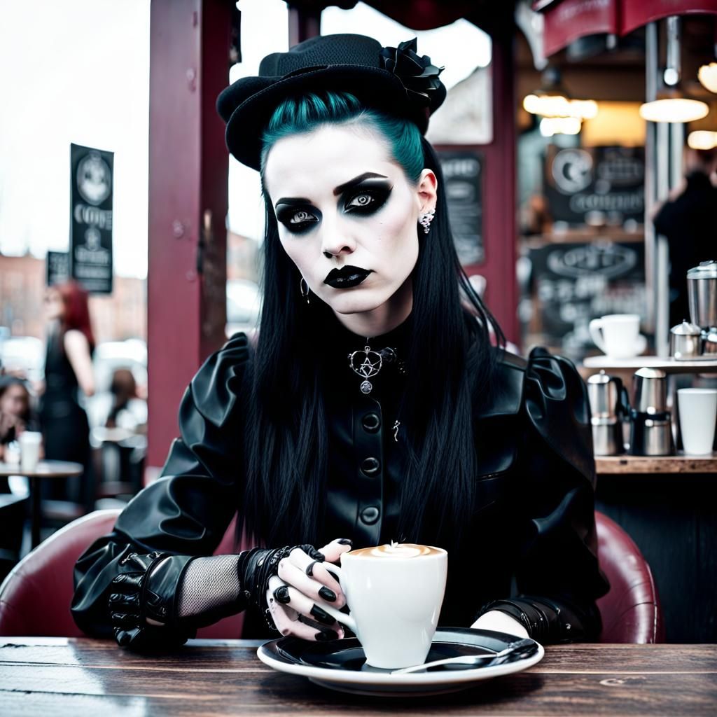 Goth Fashion Model in Coffee Shop