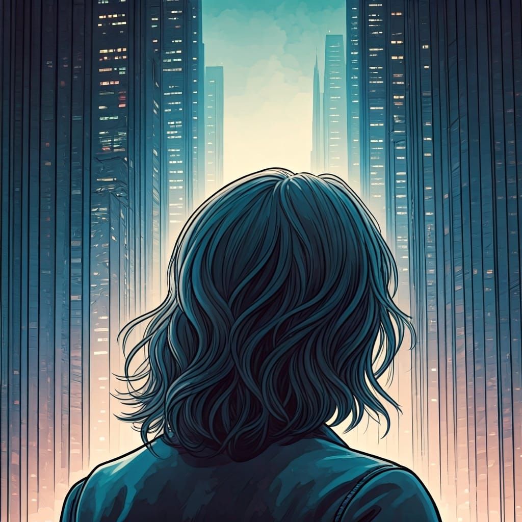 Cyberpunk Ruins: Woman Gazing at Old Home in Noir City