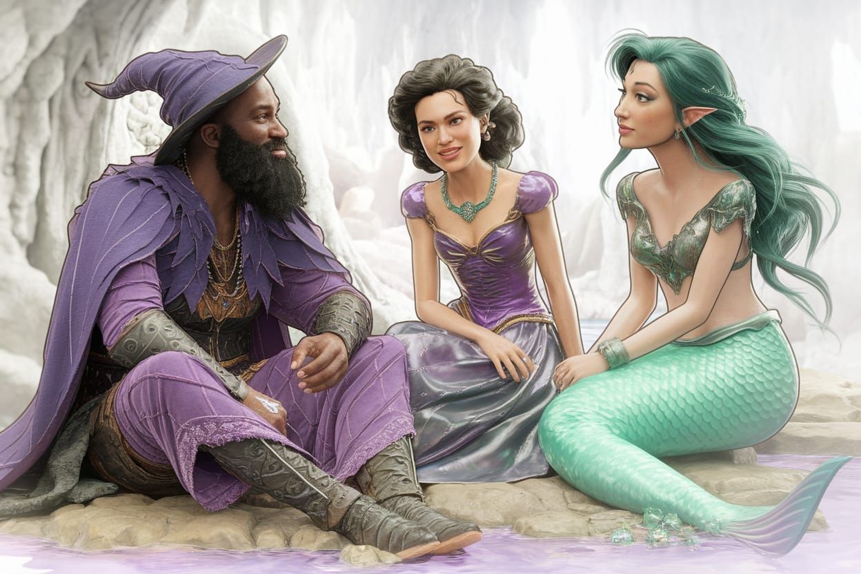 Fantasy Grotto Meeting: Wizard, Princess, and Mermaid