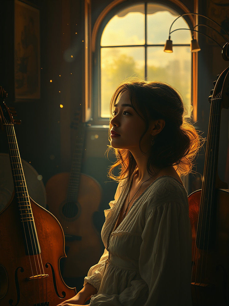Ethereal Oil Painting of Woman with Musical Instruments