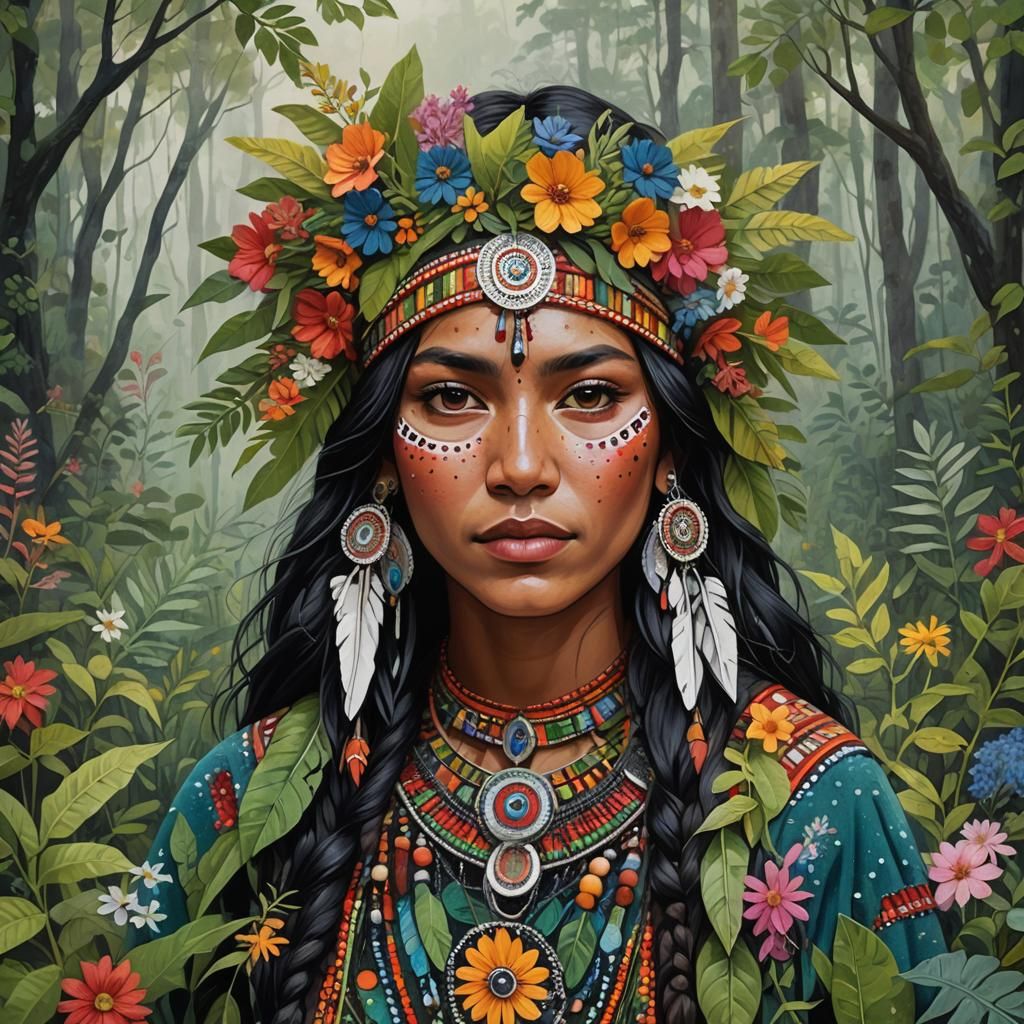 Indigenous Woman in Forest, Pointillist Gouache Style