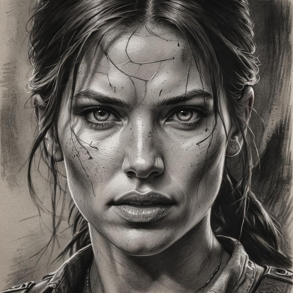 Detailed Charcoal Drawing of Lara Croft Portrait
