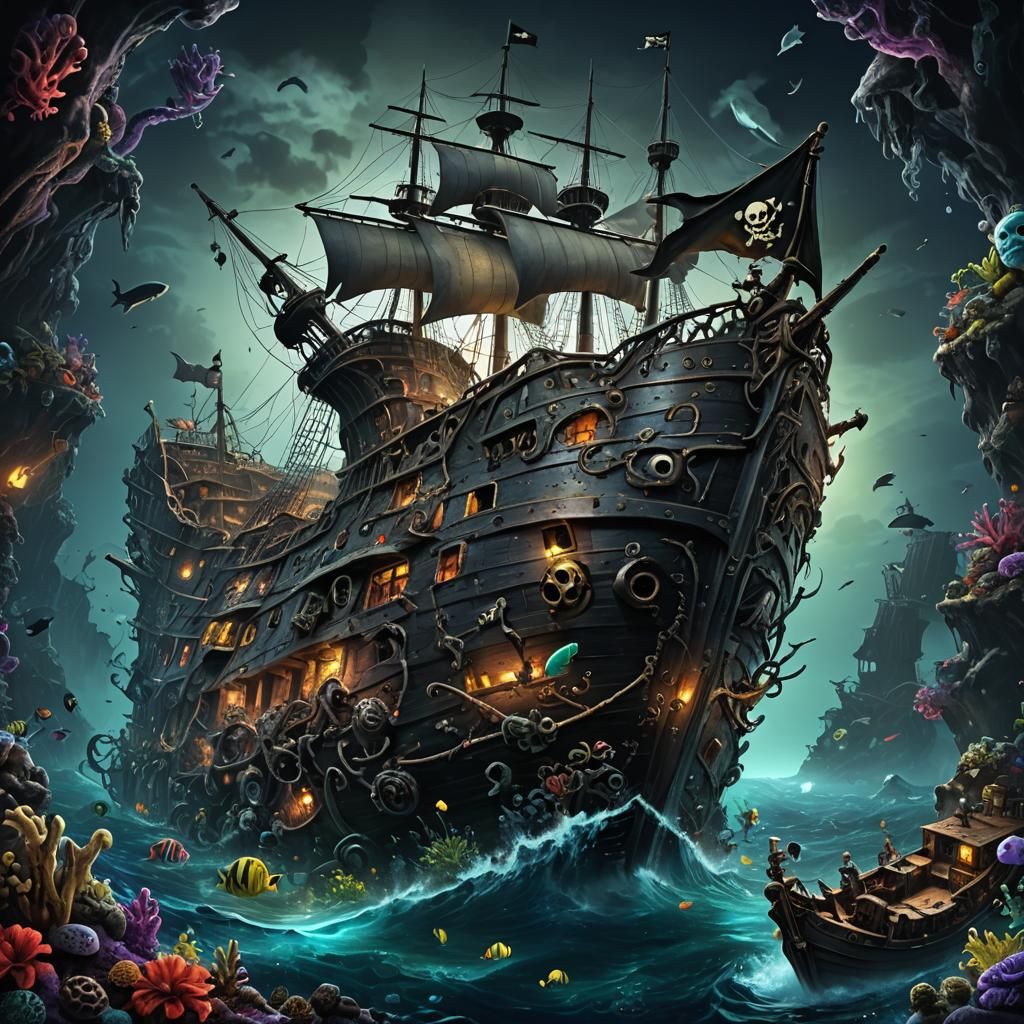 Sunken Pirate Ship with Mermaid in Dark Ocean