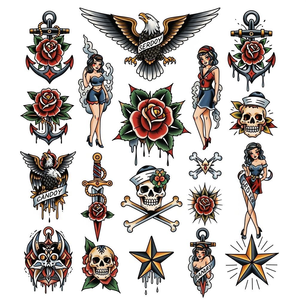 Traditional Tattoo Flash Sheet with Americana Designs