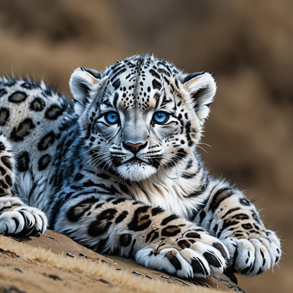 Robotic-Eyed Snow Leopard in Snowy Landscape