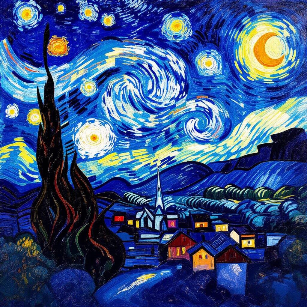 Van Gogh Style Mous Mountains Under Starry Skies
