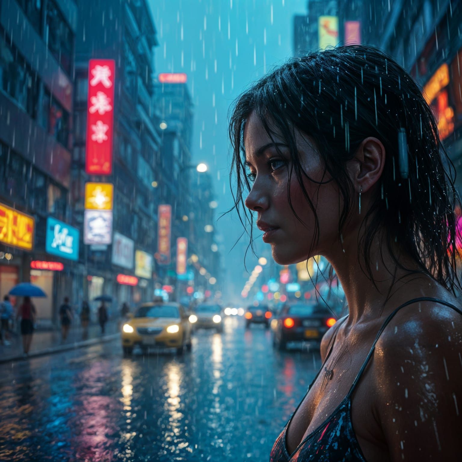 Cityscape in Torrential Downpour: Hyperrealistic Splash Art