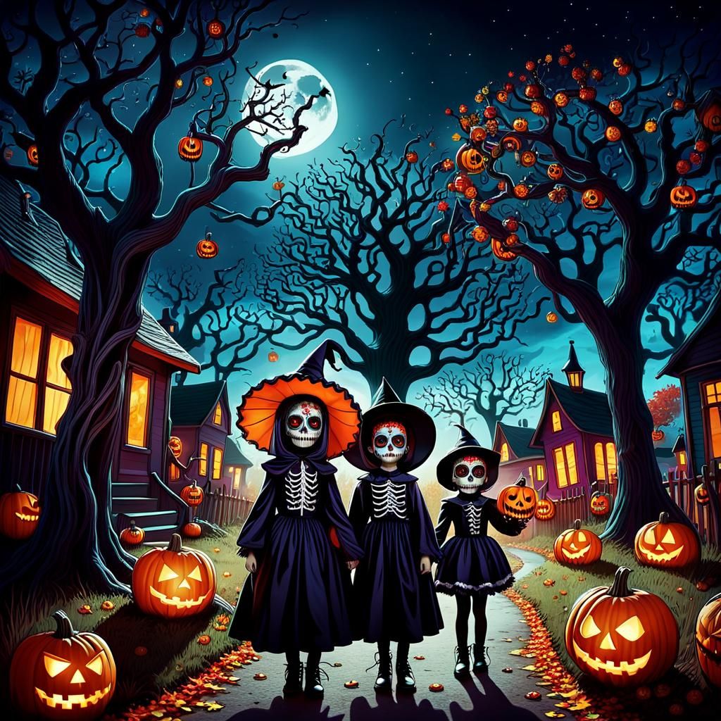 Vibrant Pop Surrealism: Halloween Night Adventure
