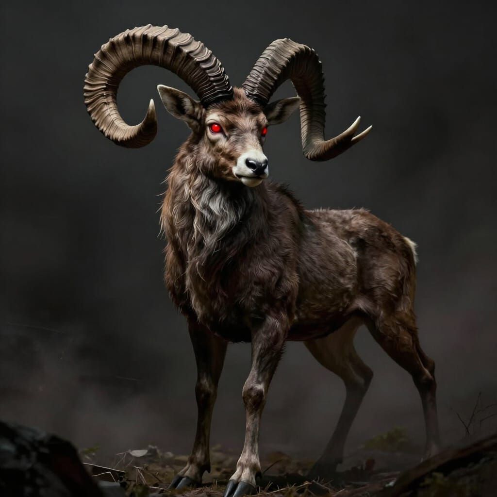 Fearsome Hybrid Deer Ram Creature with Red Eyes