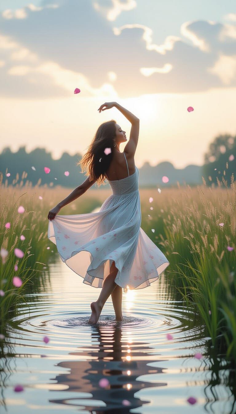 Woman Dancing in Flooded Meadow with Watercolor Effects