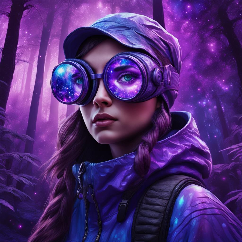 Woman in Purple Goggles in Cosmic Forest