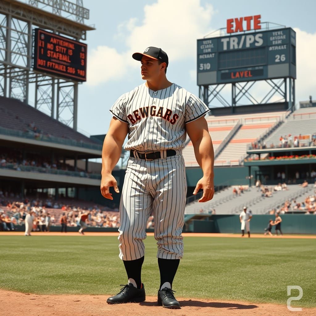 Hyper-Muscular Baseball Hero in Classic 1950s Ballpark