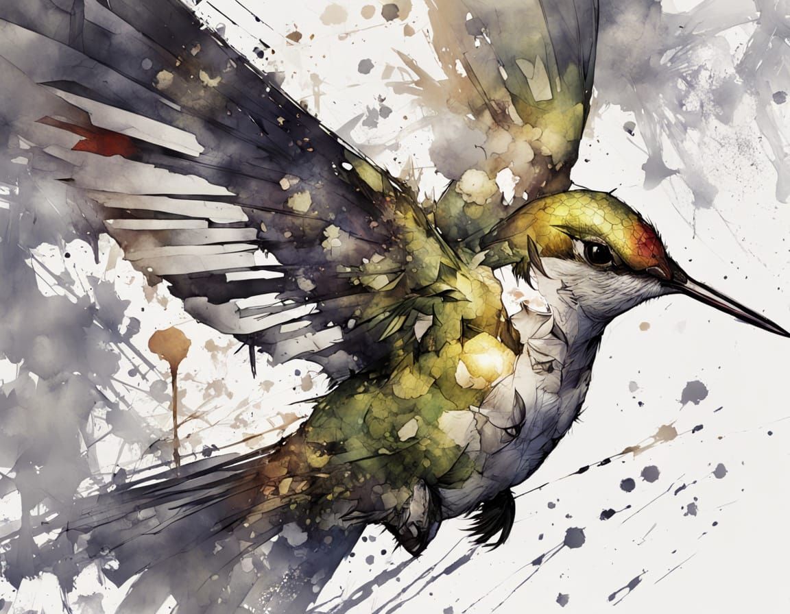 Hummingbird and Foxglove in Ink Splash Art