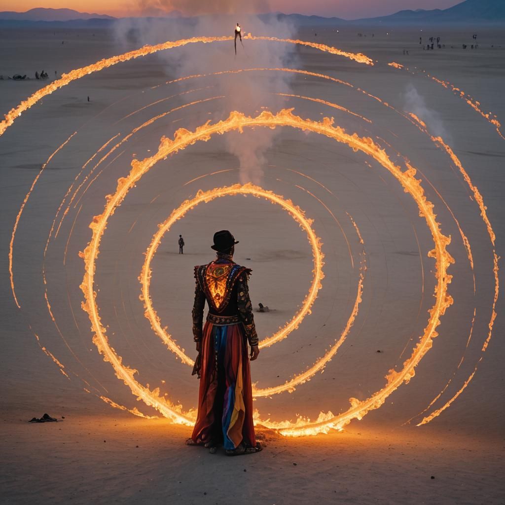 Burning Man Figure in Fiery Desert - Surreal Art