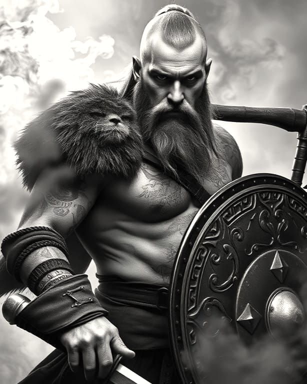 Viking Warrior in Smoke-Filled Battle Landscape