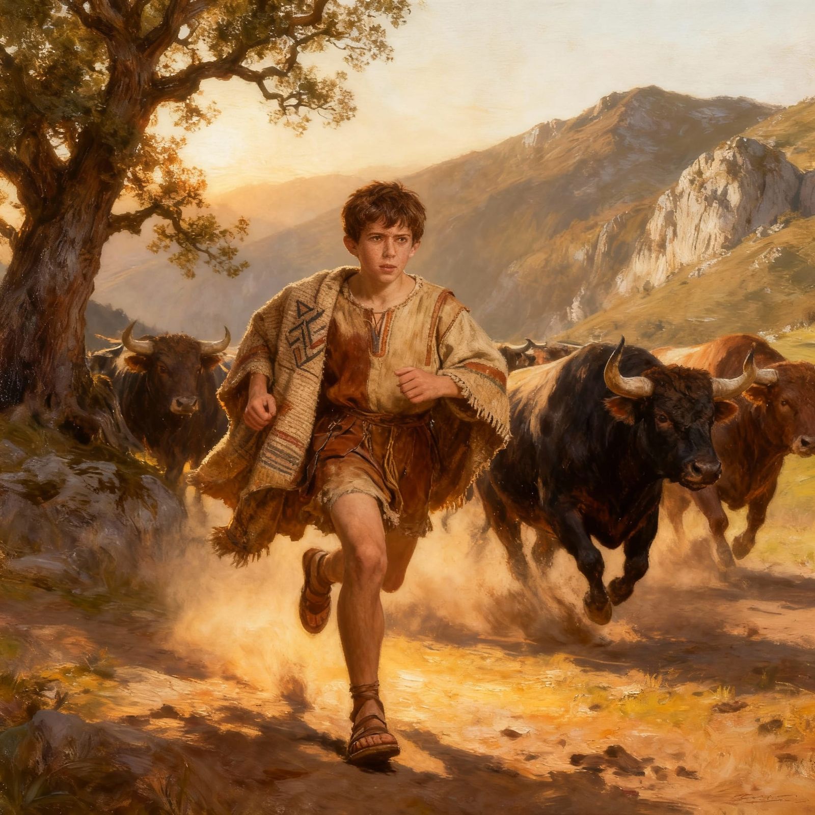 Classical Oil Painting of Vascon Warrior Fleeing Bulls