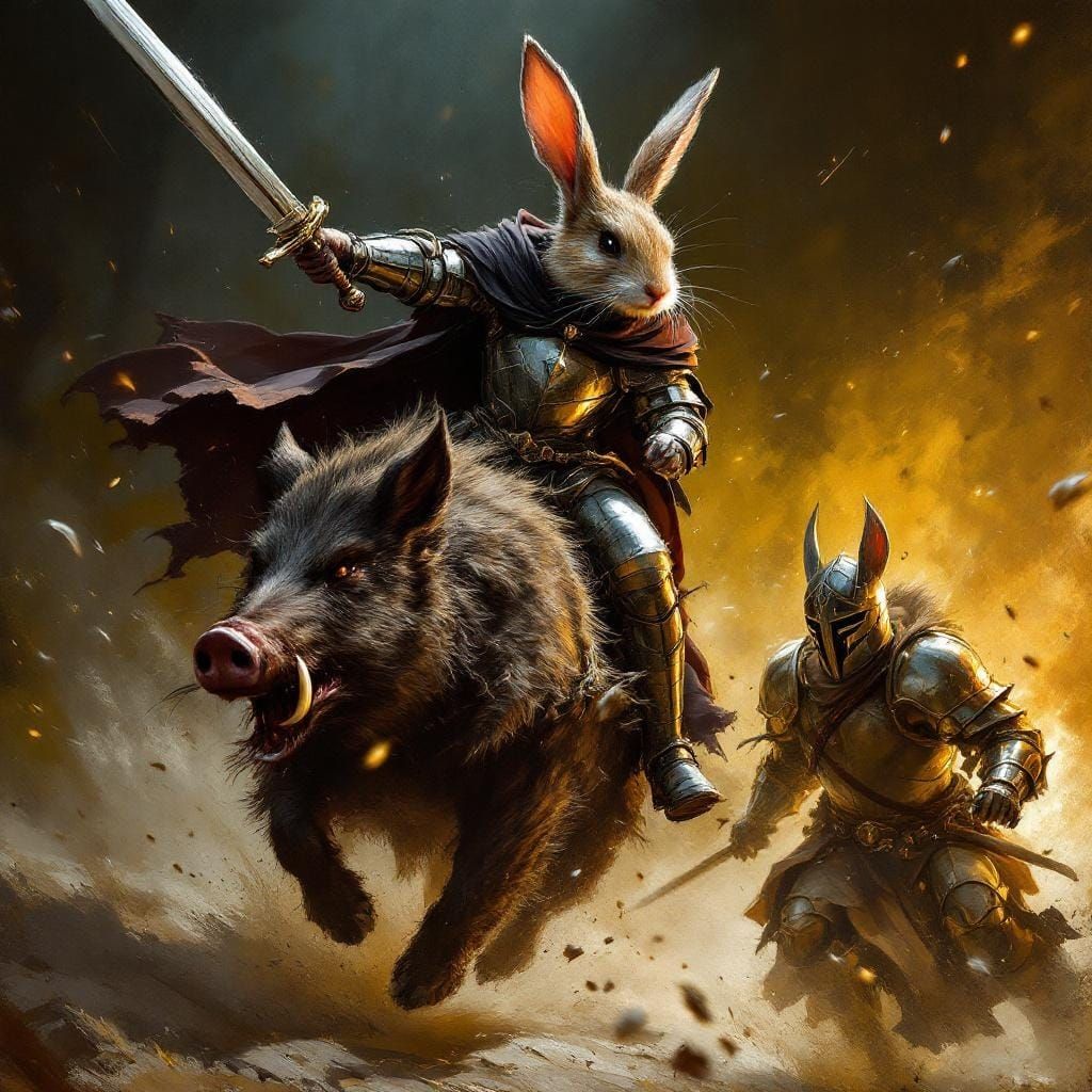 Rabbit Knight on Boar Chasing Medieval Knight