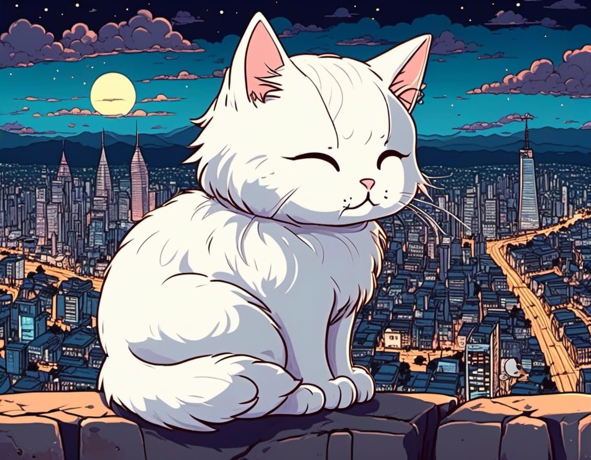 Chibi Cat Observes Neon Cityscape at Night