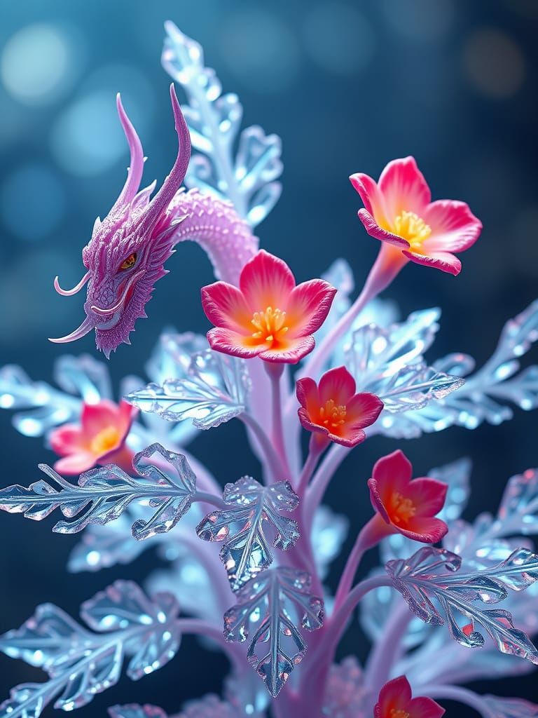 Surreal Crystal Plant Blooms with Dragon Flowers in 3D