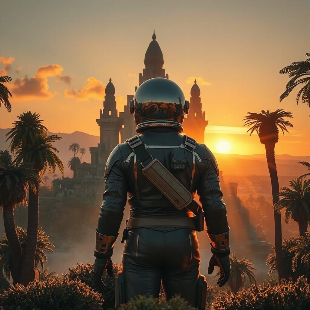 Astronaut Discovering Ancient Temple in Alien Jungle