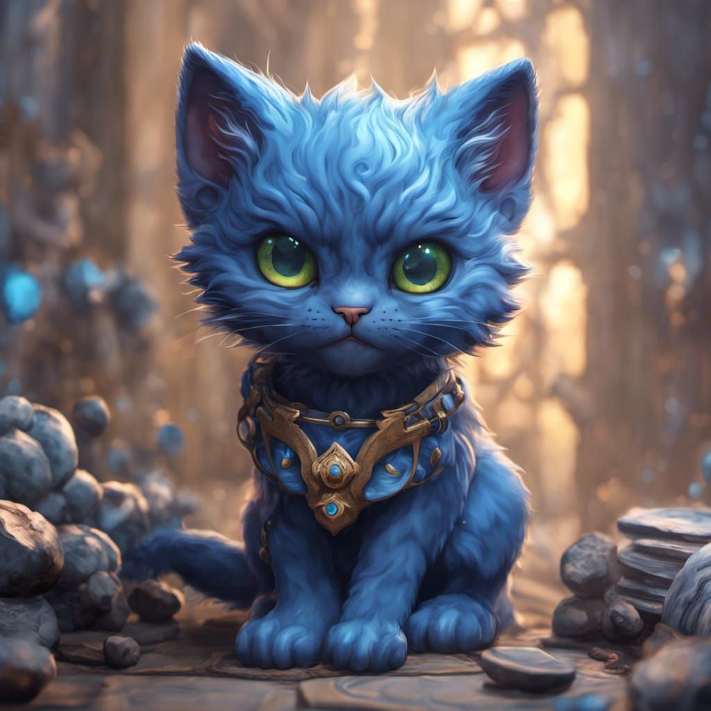 Blue Cute Cat DND Token: Detailed Matte Painting