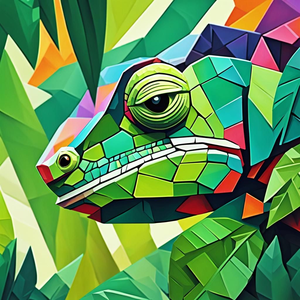 Green Chameleon in Rainforest: Cubist Oil Painting