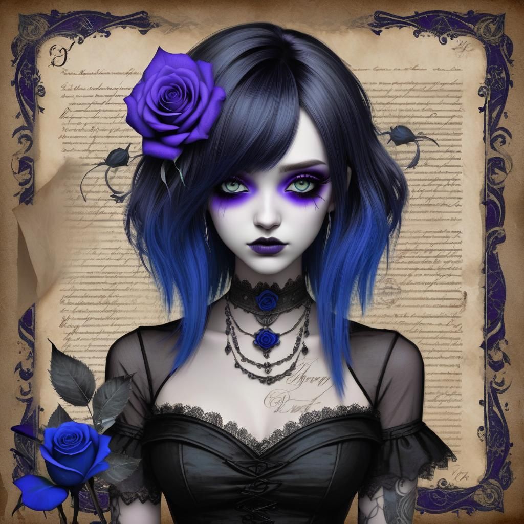 Gothic Emo Girl with Blue Rose on Parchment