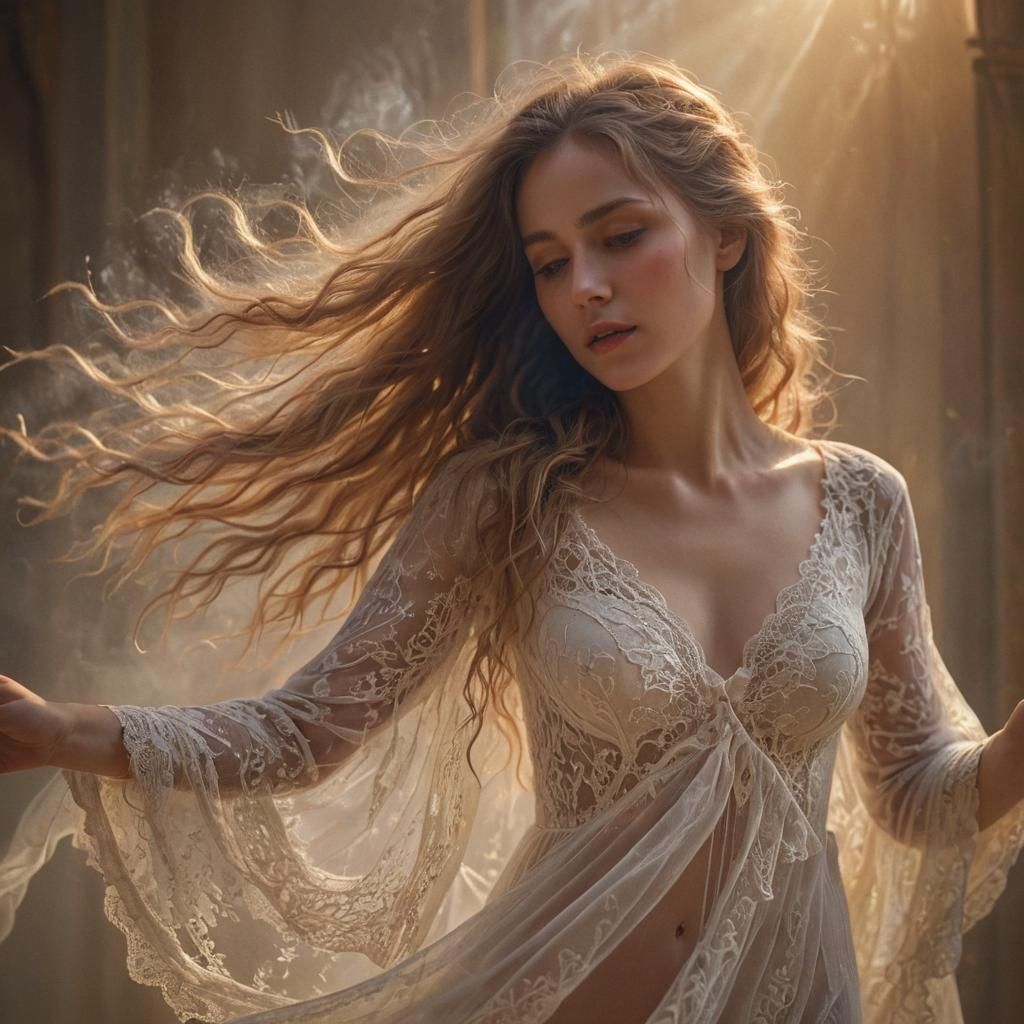 Woman Pushing Away Mist Entity in Digital Art