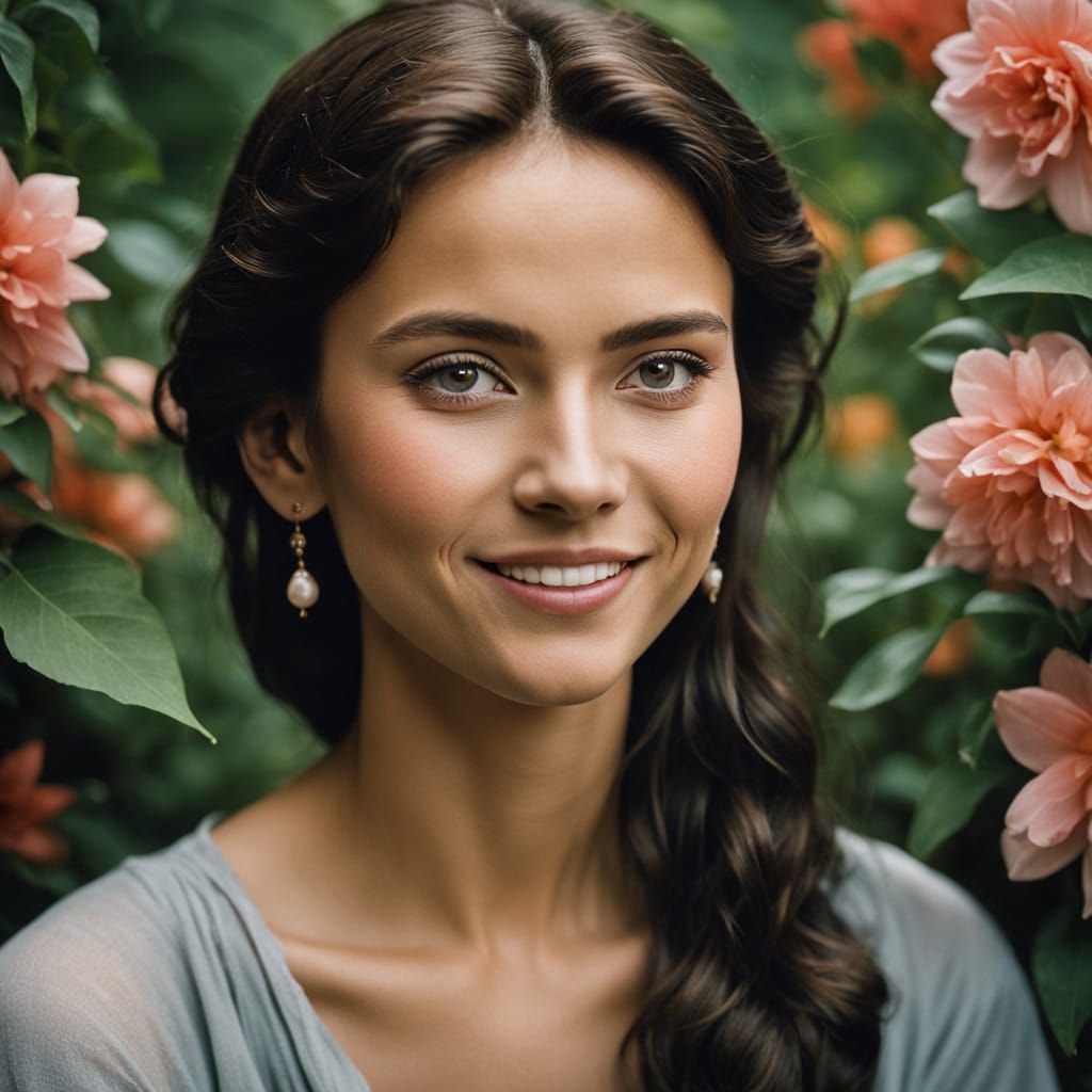 Woman in Serene Outdoor Setting with Elegant Attire