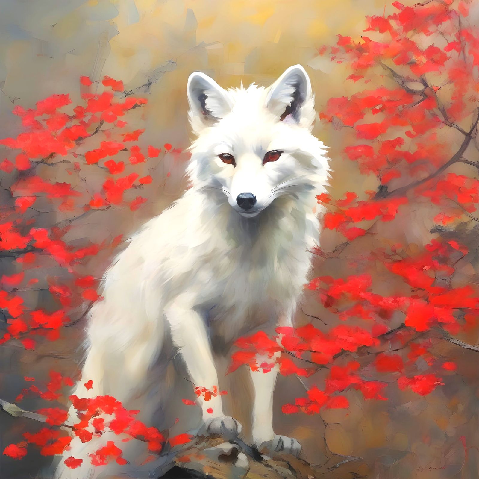 Cosmic Impasto Painting of Arctic Fox with Flowers