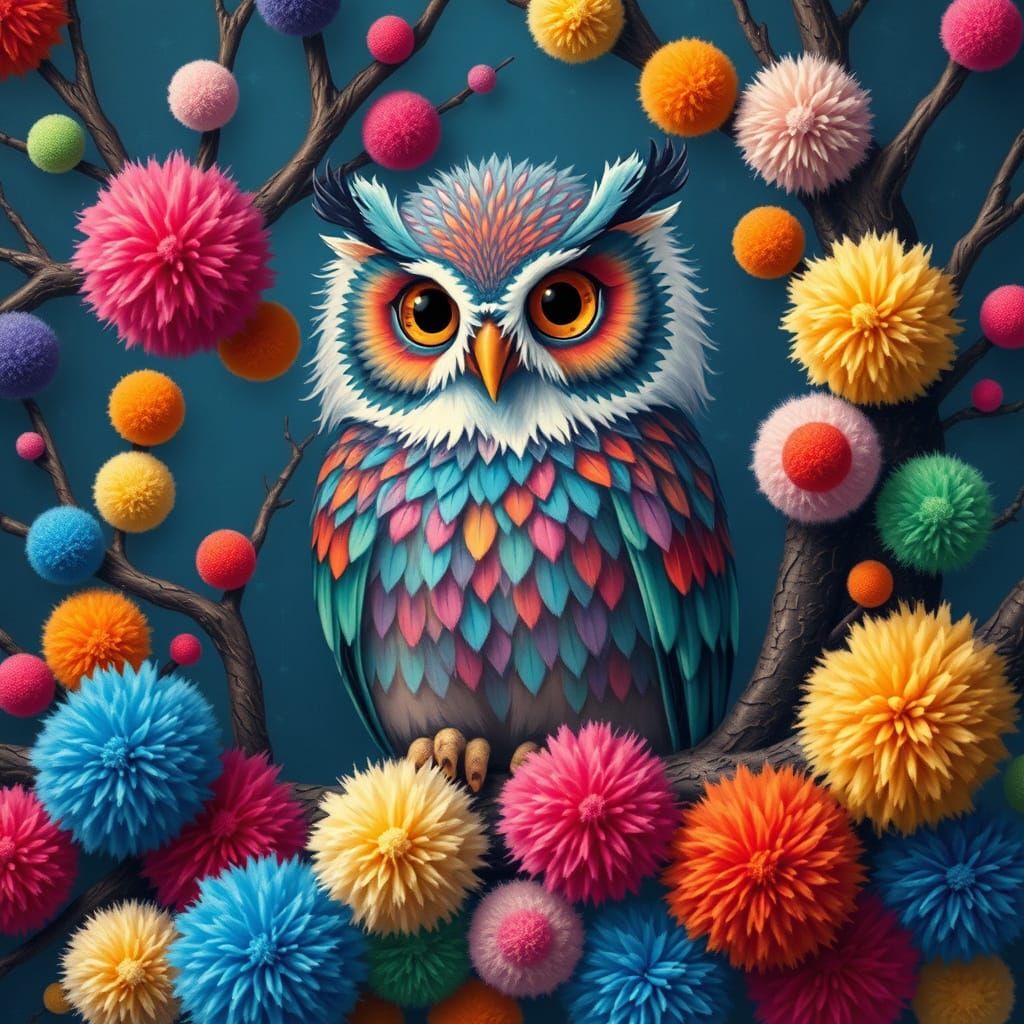 Whimsical Owl Amidst Pom-Pom Artistry