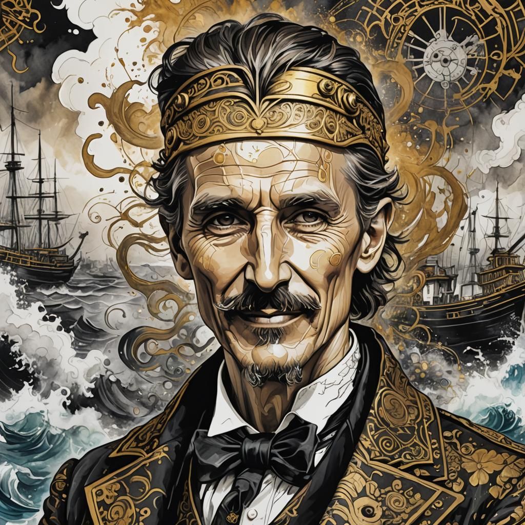 Piratepunk Tesla Portrait in Ink Painting Style